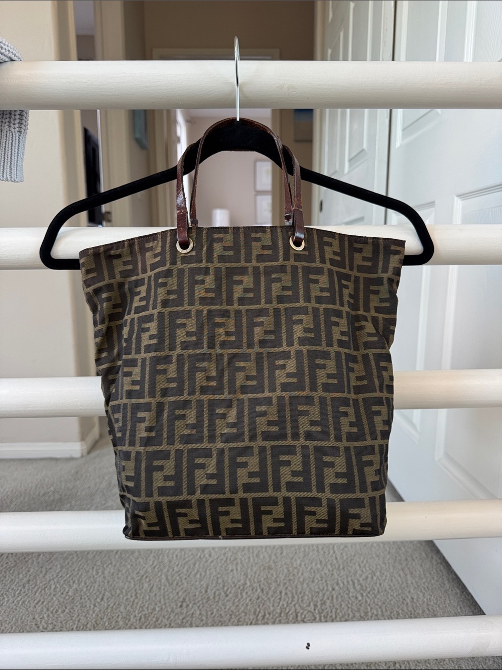 Fendi Brown FF Logo Jacquard Tote with Leather Handles